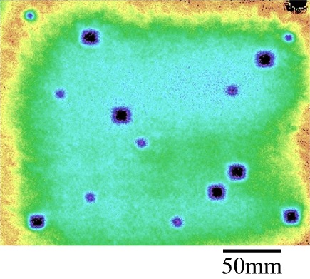 Air-coupled ultrasonic C-scan by BAT transducers of a Kevlar-fibre reinforced polymer plate contained simulated delaminations.