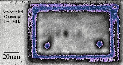 Air-coupled thru-thickness C-scan of a tapererd CFRP patch on aluminum using BAT transducers.