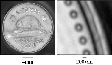 Pulse-echo surface images of a Canadian nickel acquired by a BAT-2  transducer.