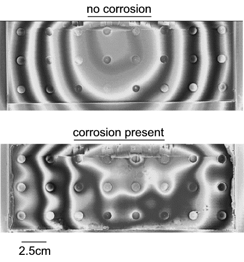 Measured surface profiles of corroded and uncorroded aluminum lap-joint structures, acquired in a single-sided pulse-echo arragement using a focussed BAT transducer.